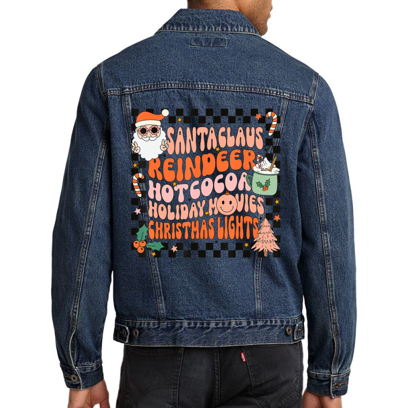 Retro Groovy Santa Claus Reindeer Christmas Cute Xmas Lights Men Denim Jacket by rastyrocl | Artistshot