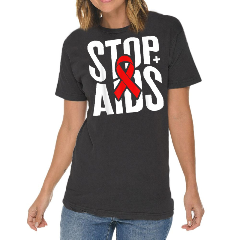 Word Aids Days Stop Aids Red Awareness Ribbon Hiv Month T Shirt Vintage T-Shirt by deemerx8lmshare | Artistshot