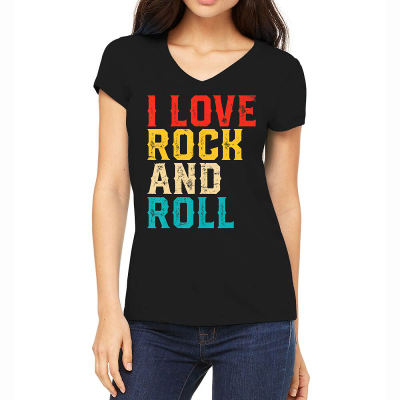 I Love Rock And Roll Distressed Rainbow 70s Retro Vintage Women's V-Neck T-Shirt by michaelyounger19 | Artistshot