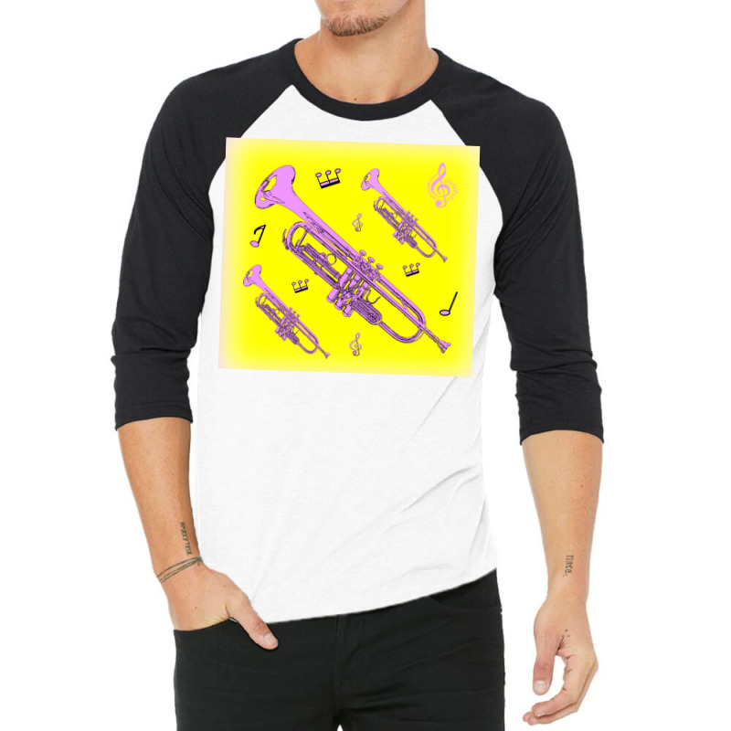 Come Blow Your Horn Lavender Trumpets Against A Canary Yellow Backgrou 3/4 Sleeve Shirt by imarneracheb | Artistshot