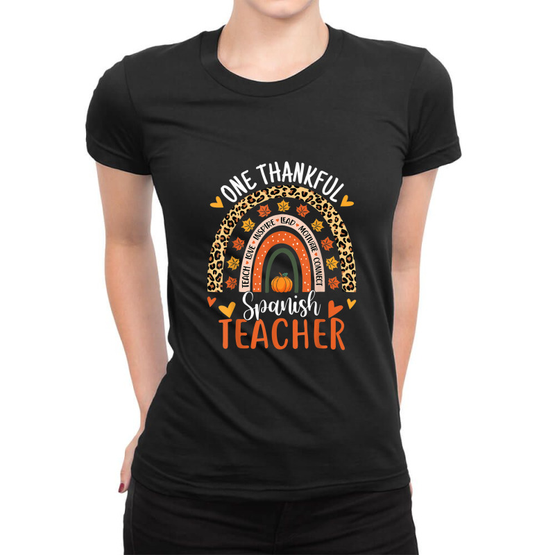 One Thankful Spanish Teacher Thanksgiving Bilingual Teacher Ladies Fitted T-Shirt by SamuelTABraun | Artistshot