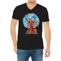 Womens Grey Blue Flowers Afro Hair Black Woman Diabetes Warrior V-neck Tee | Artistshot