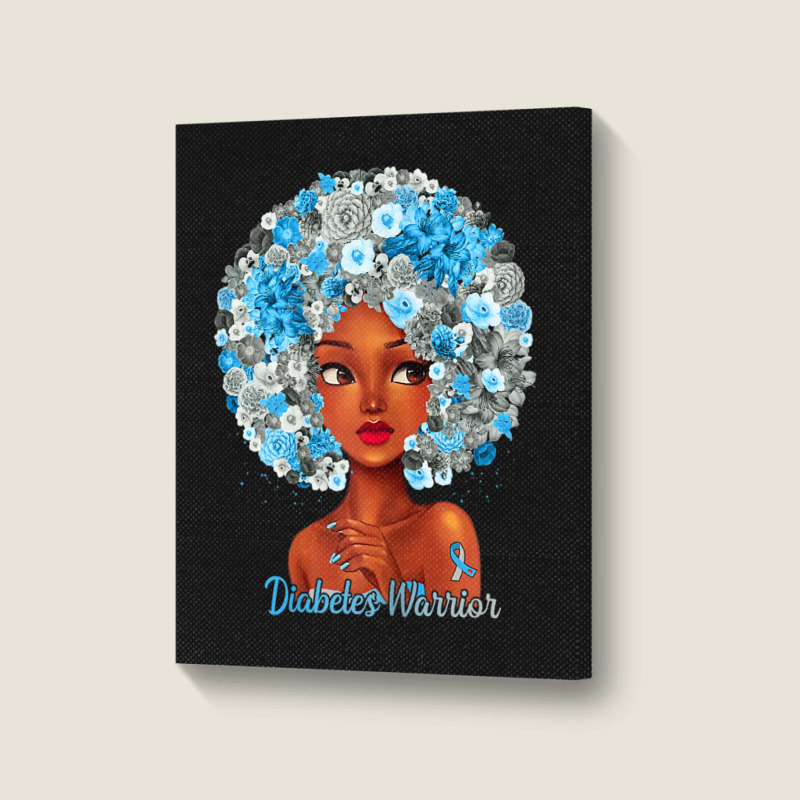 Womens Grey Blue Flowers Afro Hair Black Woman Diabetes Warrior Portrait Canvas Print | Artistshot