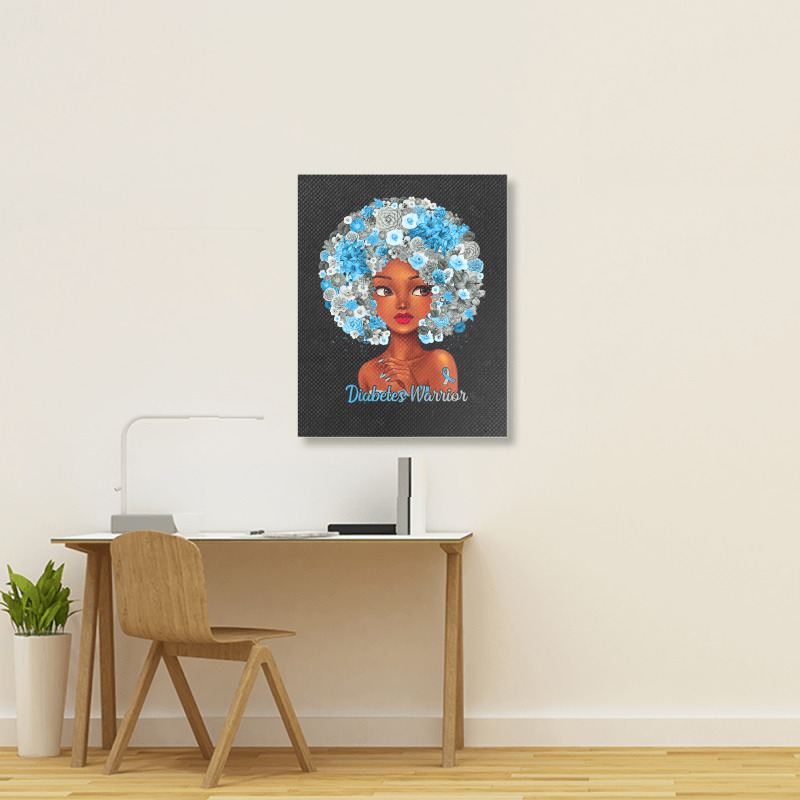 Womens Grey Blue Flowers Afro Hair Black Woman Diabetes Warrior Portrait Canvas Print | Artistshot