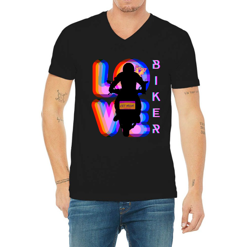 Biker And Best Rainbow Cat Mom Motorcycle Rider V-Neck Tee by macklinsampson | Artistshot