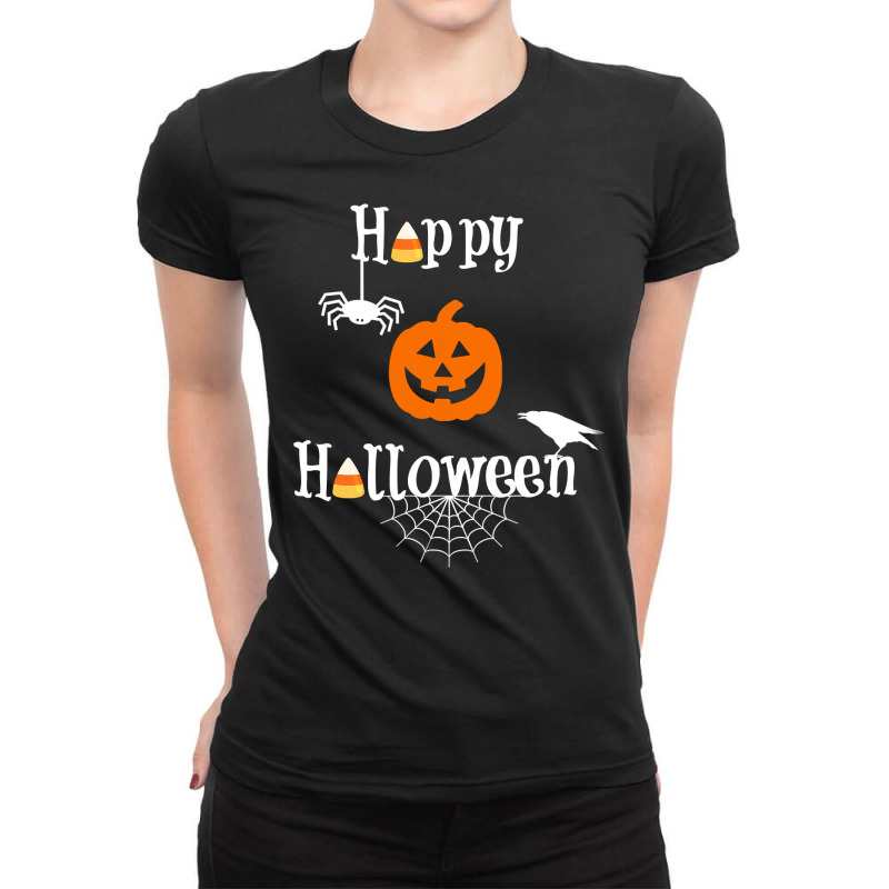 Happy Halloween  Candy Pumpkin Spider Crow Fun Tshirt Ladies Fitted T-Shirt by ElizabethAtist | Artistshot