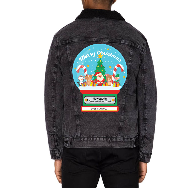 Hot Trend Newcastle Upon Tyne England Uk - Merry Christmas Snowglobe Unisex Sherpa-Lined Denim Jacket by Milne Charlton | Artistshot