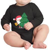 Hot Trend Santa Claus Holding A Gift Behind Christmas Tree Long Sleeve Baby Bodysuit | Artistshot