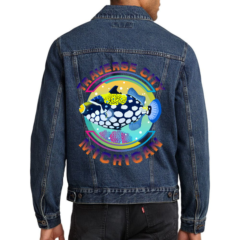 Traverse City Michigan Fishing Town, Clown Triggerfish With Colorful P Men Denim Jacket | Artistshot