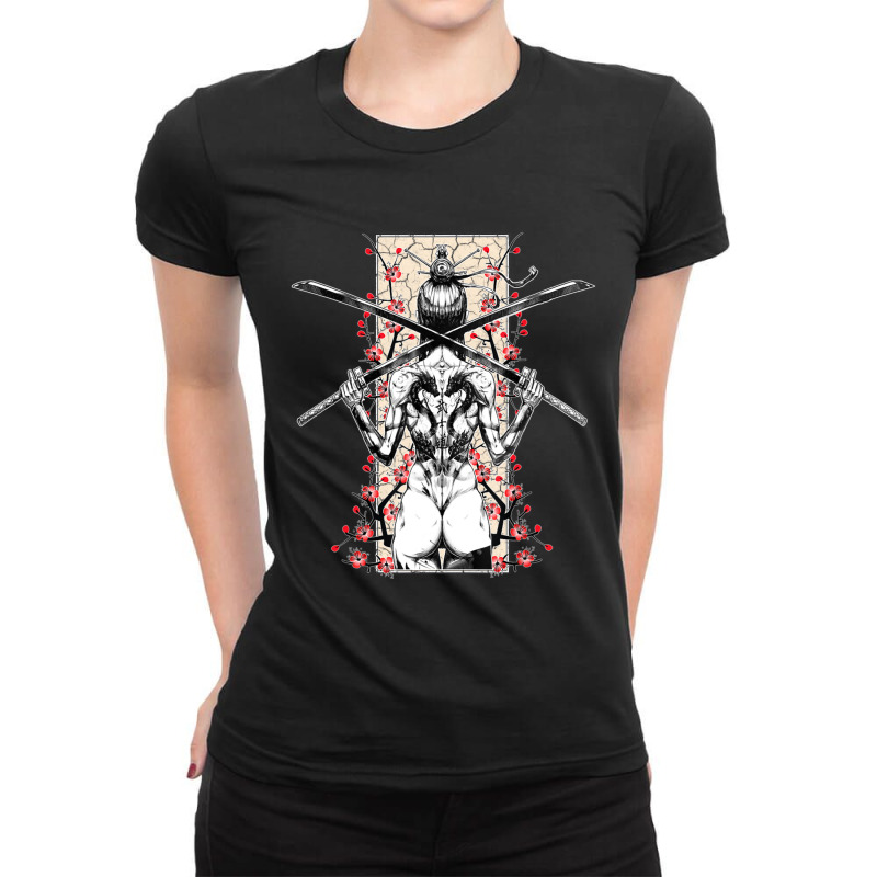 Hot Trend Japanese Samurai Girl And Vintage Sakura Cherry Blossom Gift Ladies Fitted T-Shirt by behindcedar22 | Artistshot