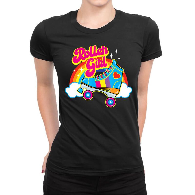 Hot Trend Retro 70s Roller Girl Skate With Heart And Colorful Rainbow Ladies Fitted T-Shirt by michaelyounger19 | Artistshot