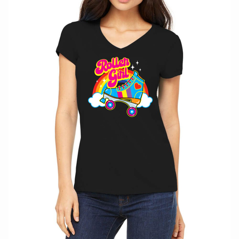 Hot Trend Retro 70s Roller Girl Skate With Heart And Colorful Rainbow Women's V-Neck T-Shirt by michaelyounger19 | Artistshot