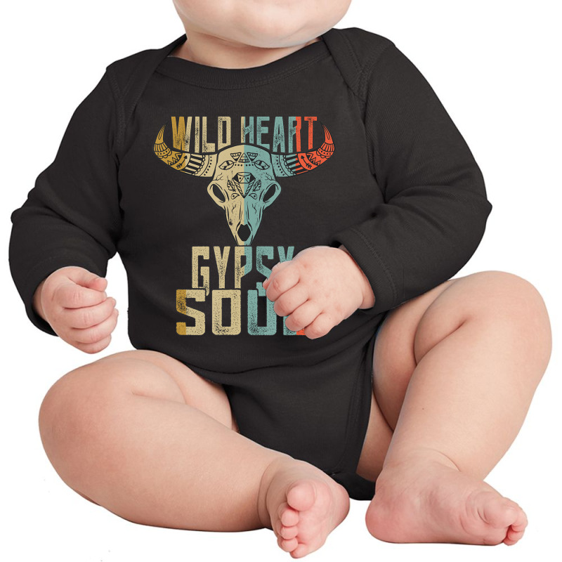 Limited Edition Wild Heart Gypsy Soul Vintage Boho Cow Bull Skull Long Sleeve Baby Bodysuit by bummercaught | Artistshot