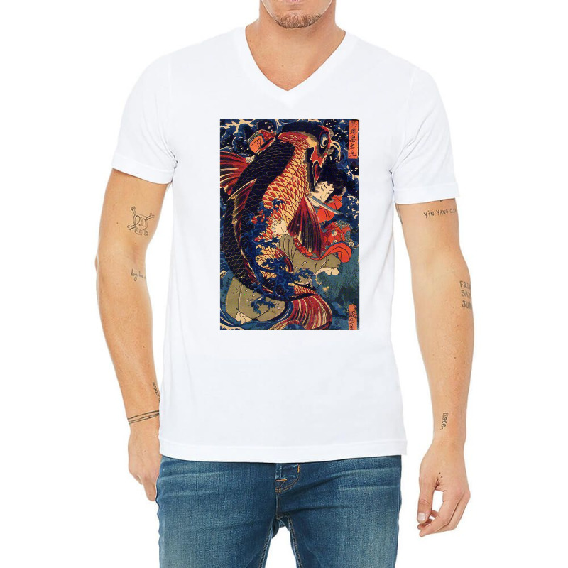 Fighting The Giant Carp Japanese Tshirt V-neck Tee | Artistshot