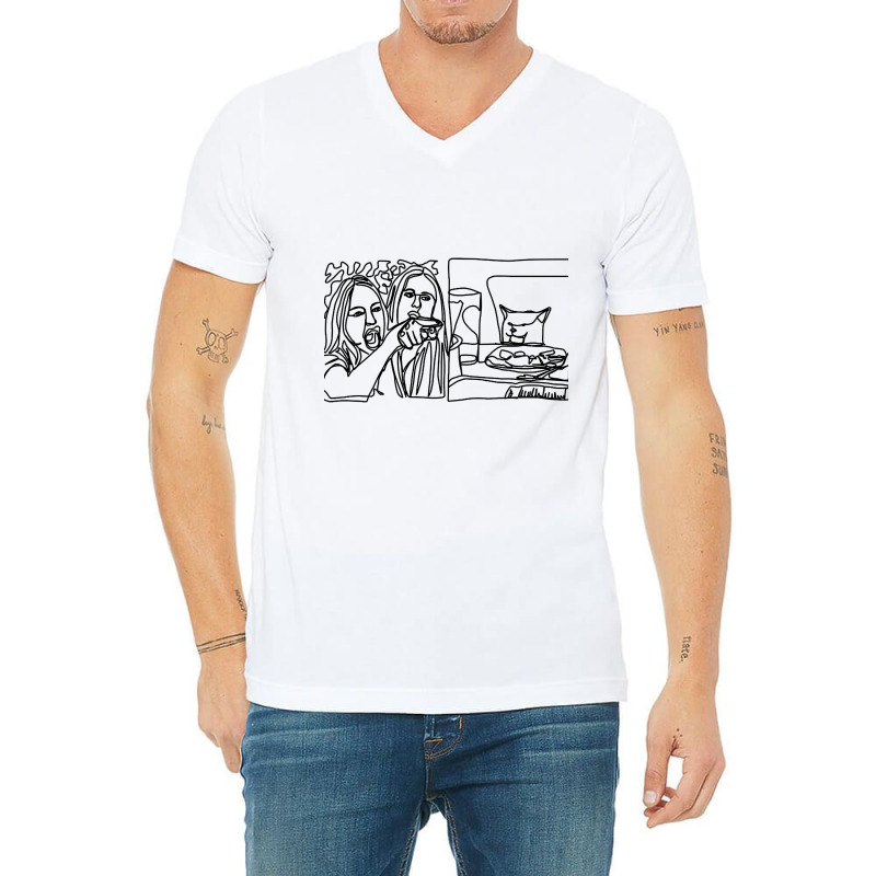 Hot Trend Woman Yelling At A Cat Meme Line Art Minimal V-Neck Tee by Inmamlil638 | Artistshot