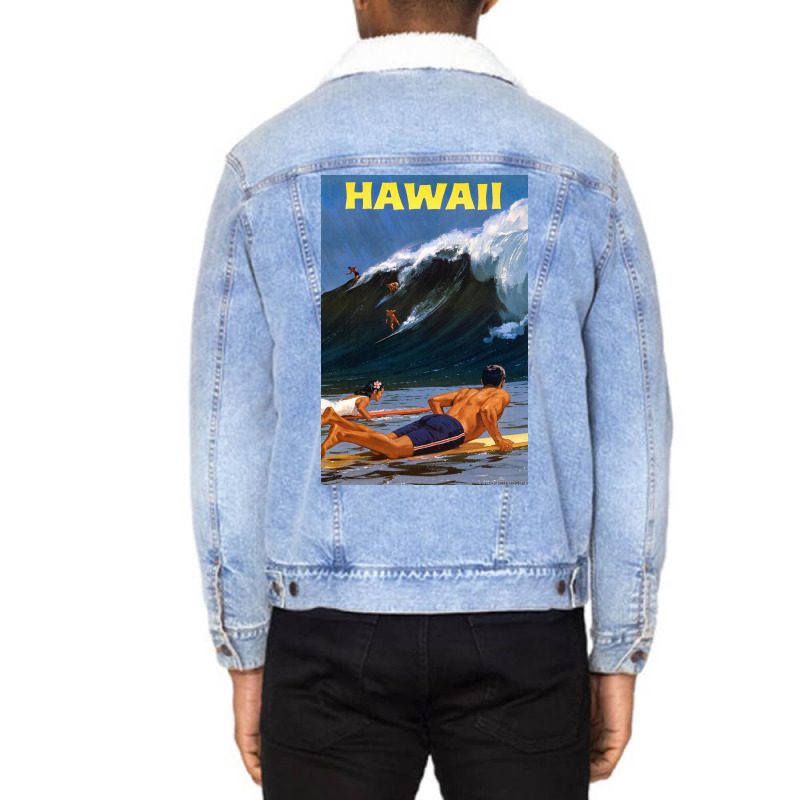 Hawaii Vintage Travel Poster Restored Rb Unisex Sherpa-Lined Denim Jacket by ronaldojon | Artistshot