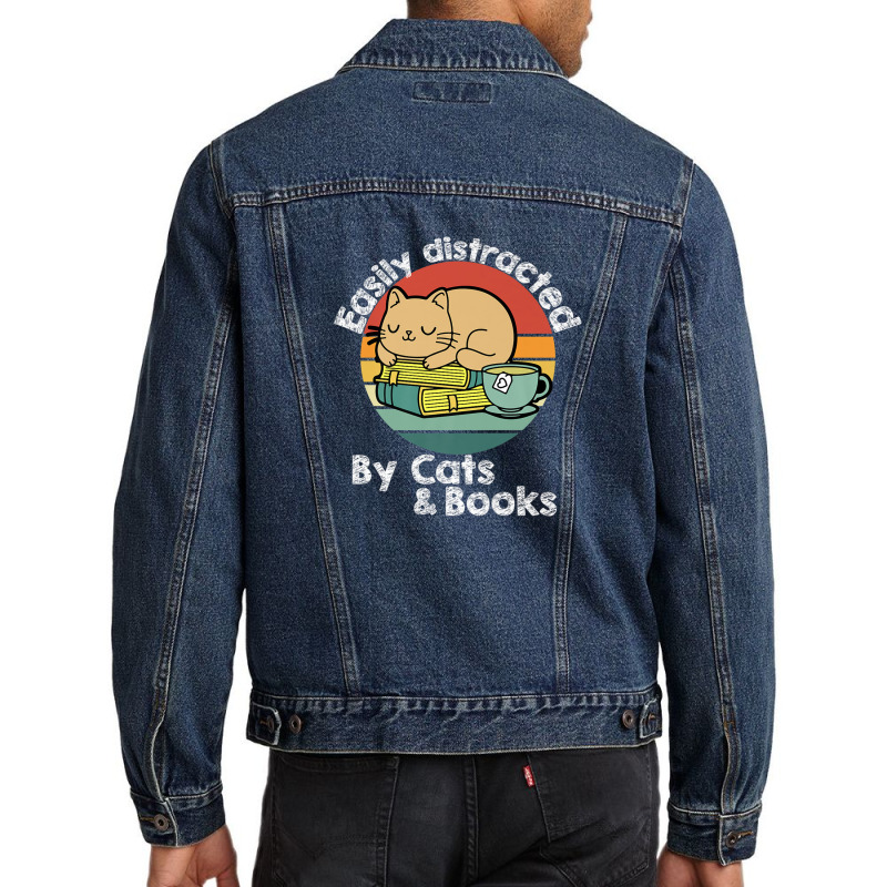 Vintage Retro Easily Distracted By Cats And Books Cat Lover Men Denim Jacket | Artistshot