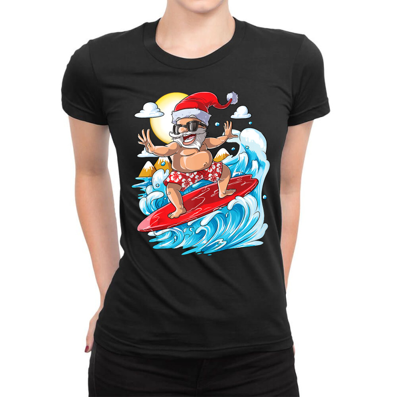 Christmas In July Santa Surf Hawaiian Men Summer Surfing Ladies Fitted T-Shirt by BarbaraArtist | Artistshot