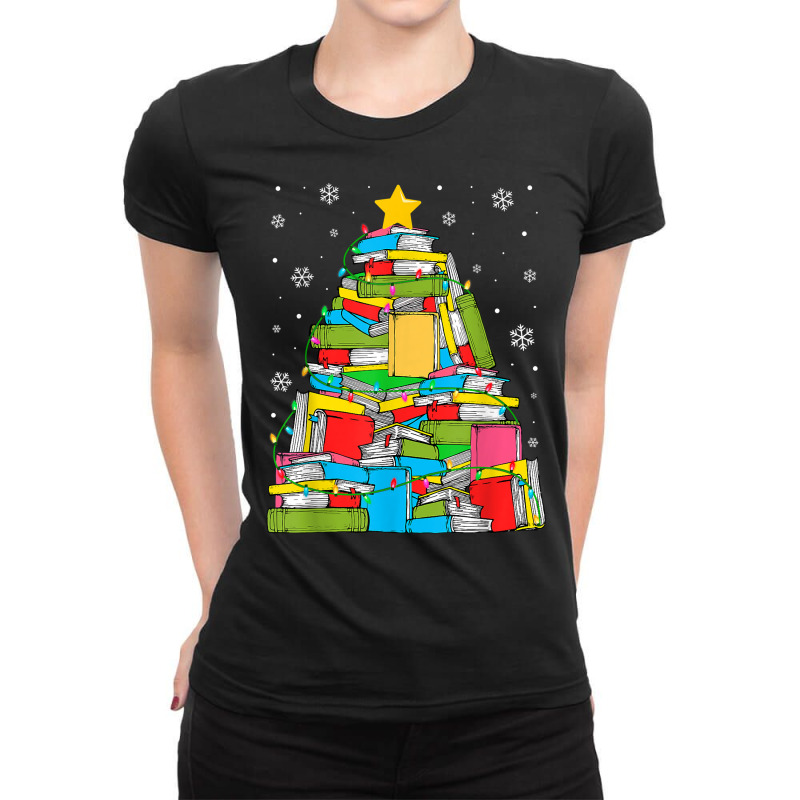 Library Christmas Tree Librarian X Mas Lights Book Lover T Shirt Ladies Fitted T-Shirt by caroldian | Artistshot