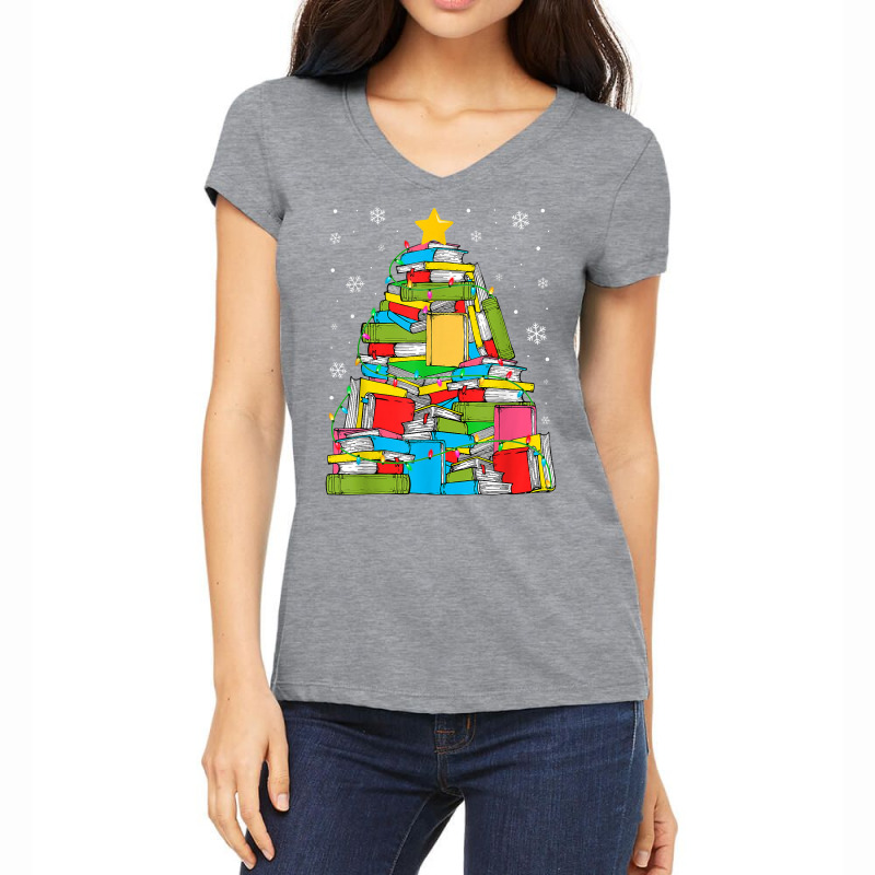 Library Christmas Tree Librarian X Mas Lights Book Lover T Shirt Women's V-Neck T-Shirt by caroldian | Artistshot