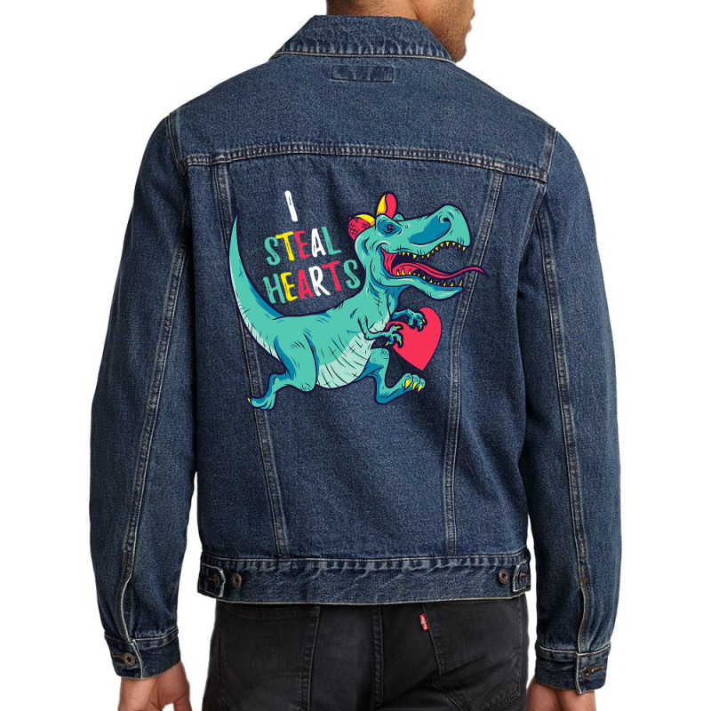 I Steal Hearts T Valentines Day Dinosaur Boys Kid (42) Men Denim Jacket | Artistshot