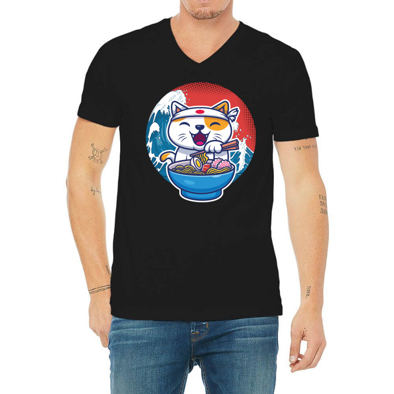 Ramen Wave Cat Kawaii Humor Retro V-Neck Tee by koorenayoubq | Artistshot