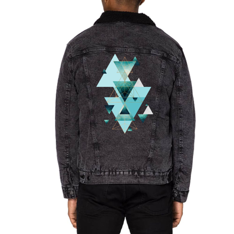 Geometric Triangle Compilation In Teal Unisex Sherpa-lined Denim Jacket | Artistshot