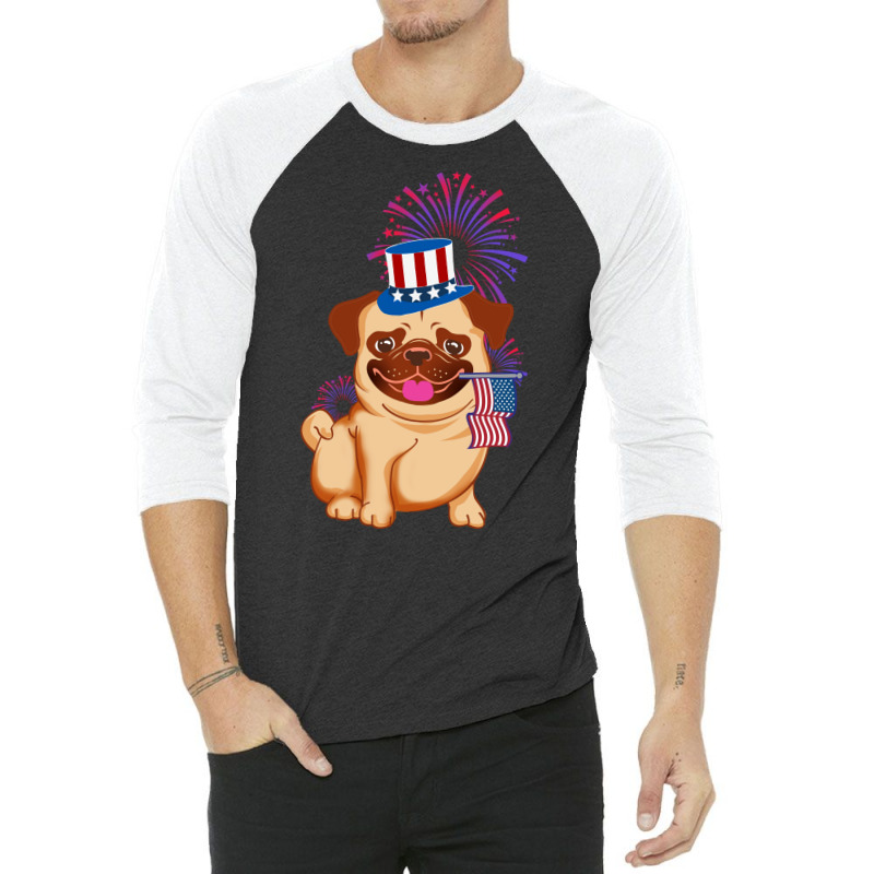 Usa America Pug Dog American July 4th Independence Blue Red 3/4 Sleeve Shirt by zemkamajoor1 | Artistshot