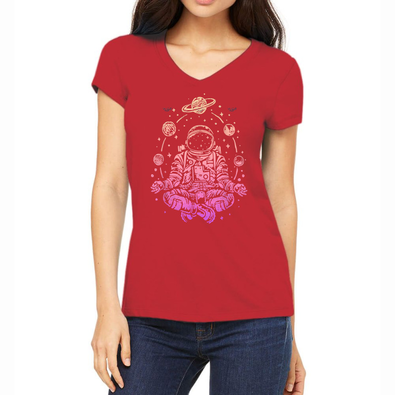 Meditating Astronaut Planets Colorful Lotus Women Meditation T Shirt Women's V-Neck T-Shirt by santako | Artistshot