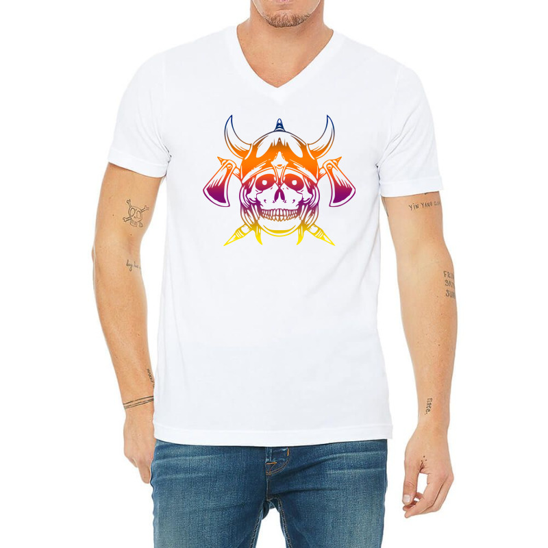 Multicolored Scandinavian Viking Skull In Helmet With Crossed Axes Mod V-neck Tee | Artistshot