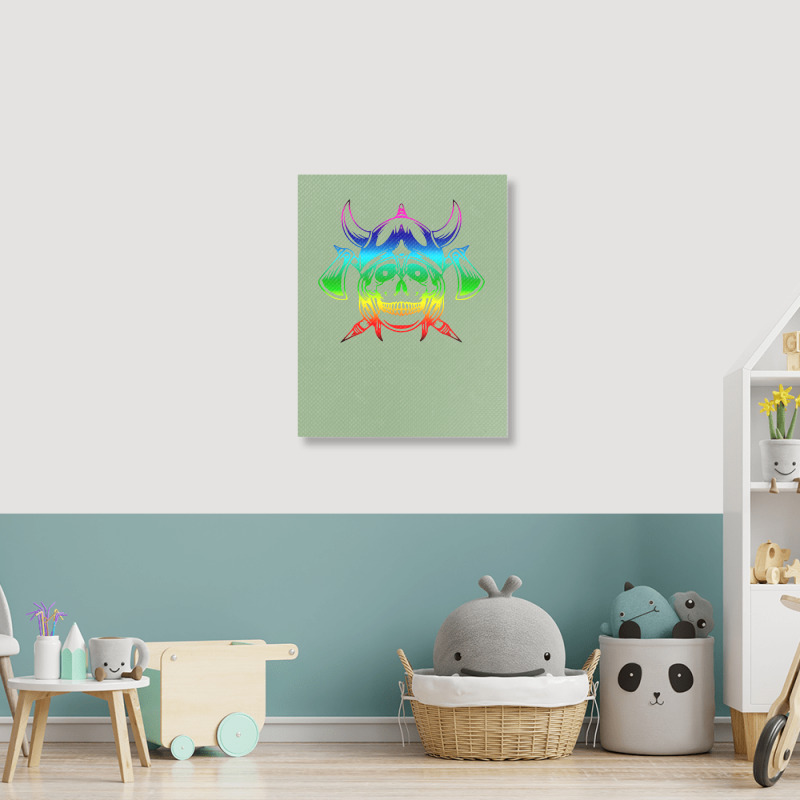 Multicolored Scandinavian Viking Skull In Helmet With Crossed Axes Mod Portrait Canvas Print | Artistshot