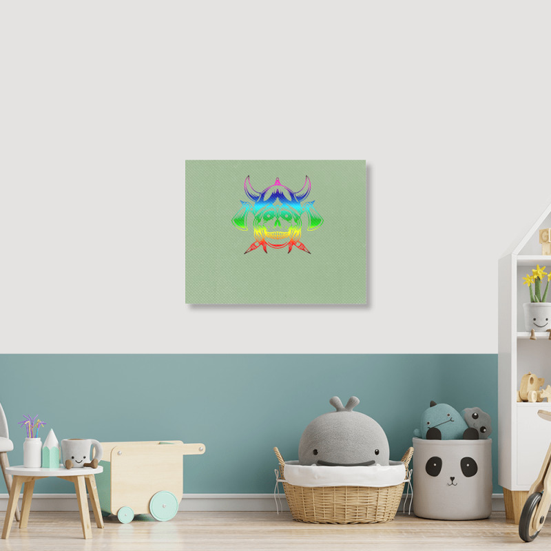 Multicolored Scandinavian Viking Skull In Helmet With Crossed Axes Mod Landscape Canvas Print | Artistshot