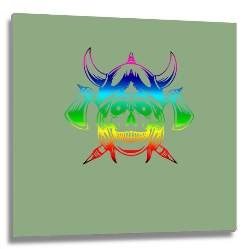 Multicolored Scandinavian Viking Skull In Helmet With Crossed Axes Mod Metal Print Square | Artistshot