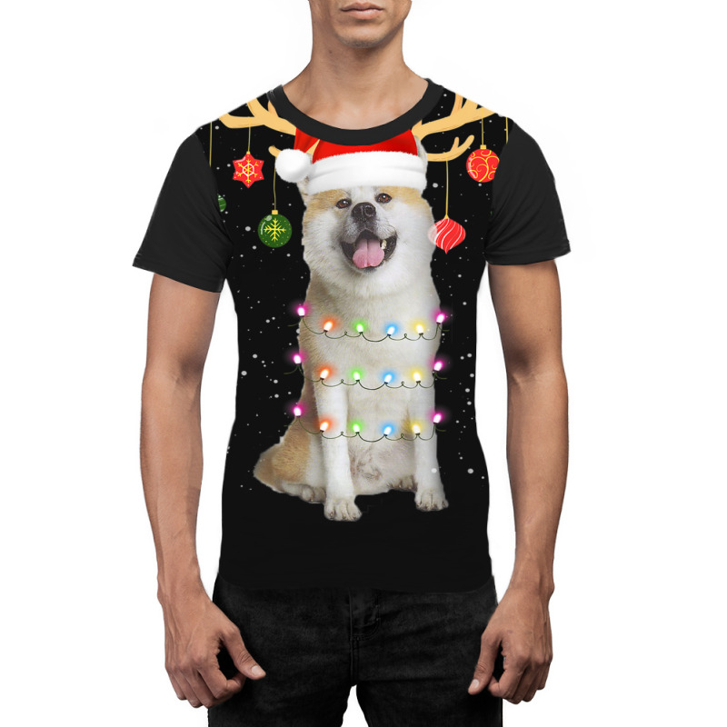 Limited Edition Reindeer Akita Dog With Santa Hat Christmas Light Xmas Graphic T-shirt | Artistshot