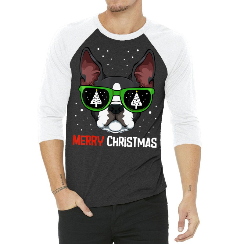 Boston Terrier Christmas Pajama Dog Sunglasses X Mas Tree 3/4 Sleeve Shirt | Artistshot