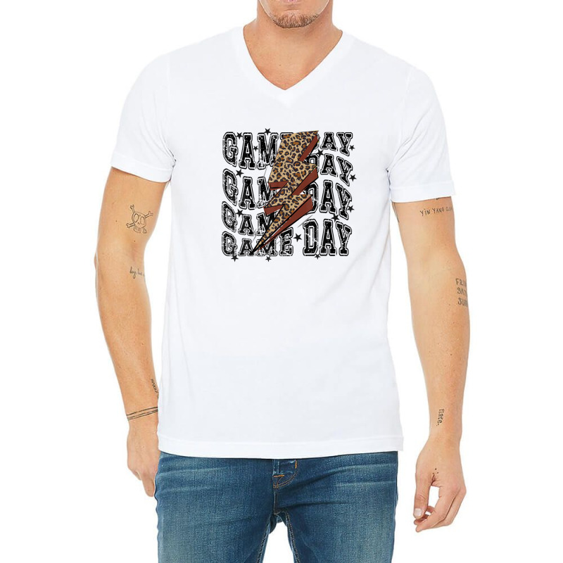 Game Day Football Leopard Lightning Bolt Football Lover V-Neck Tee by sromydivlevn | Artistshot