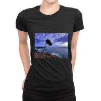 A Palm Tree On Rock Plateau With A Rock Island In The Sea Ladies Fitted T-shirt | Artistshot