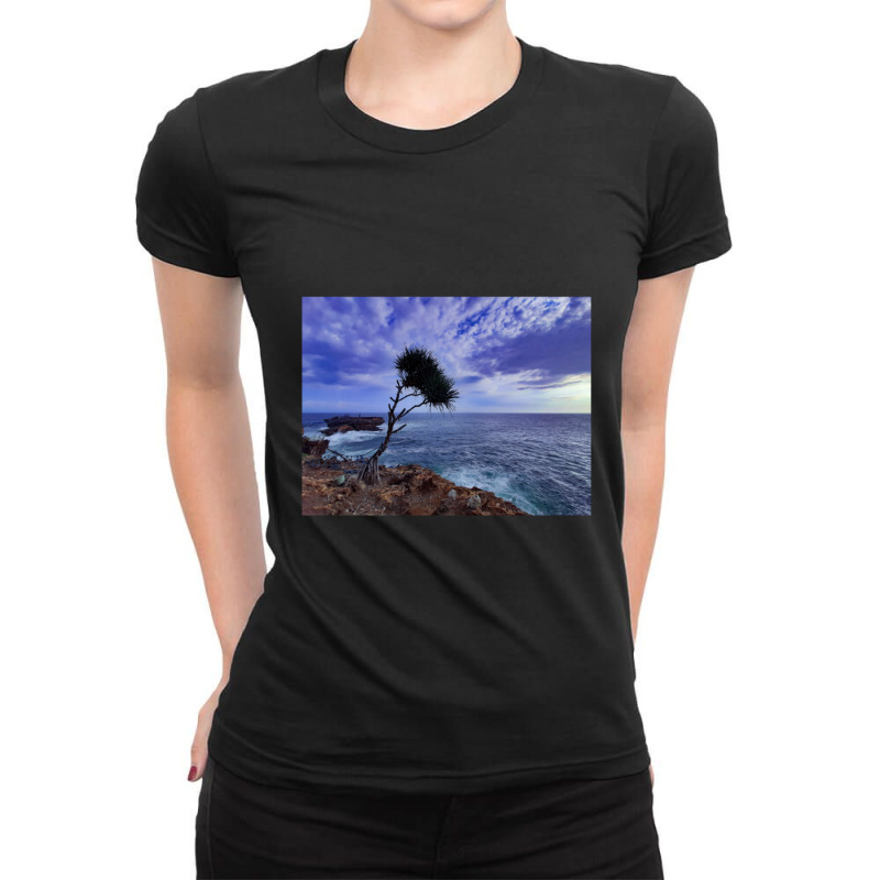 A Palm Tree On Rock Plateau With A Rock Island In The Sea Ladies Fitted T-Shirt by ArlenMadera | Artistshot