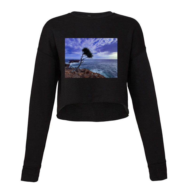 A Palm Tree On Rock Plateau With A Rock Island In The Sea Cropped Sweater by ArlenMadera | Artistshot