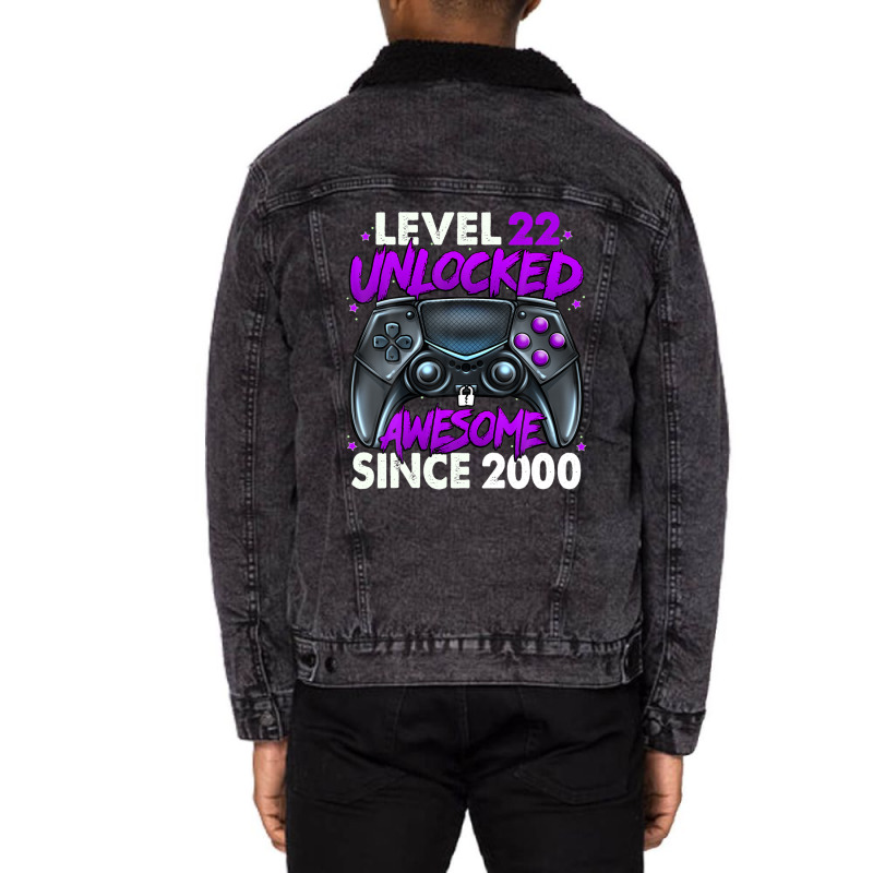 Level 22 Unlocked Awesome Since 2000 22nd Birthday Gaming Unisex Sherpa-lined Denim Jacket | Artistshot