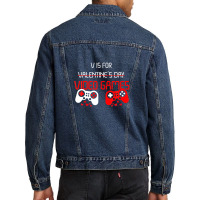 V Is For Video Games Funny Valentines Day Gamer Men Denim Jacket | Artistshot