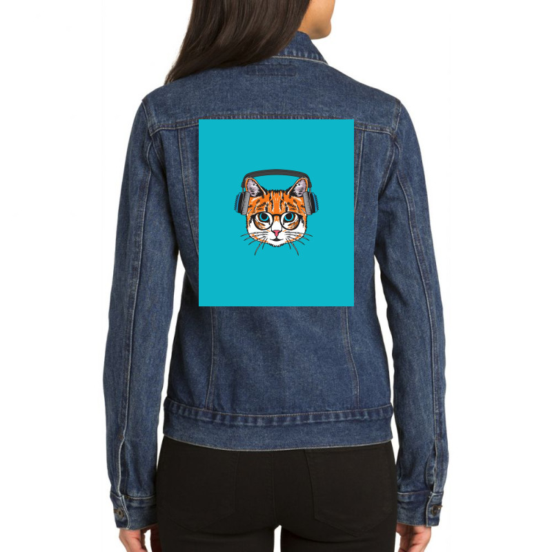 Cat Wearing Headphone Poster Stars Ladies Denim Jacket by hajerawickela | Artistshot