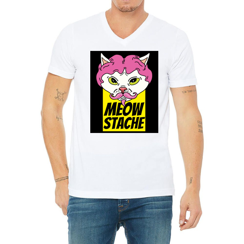 Cat With Wig Moew Stache Poster 80s V-neck Tee | Artistshot