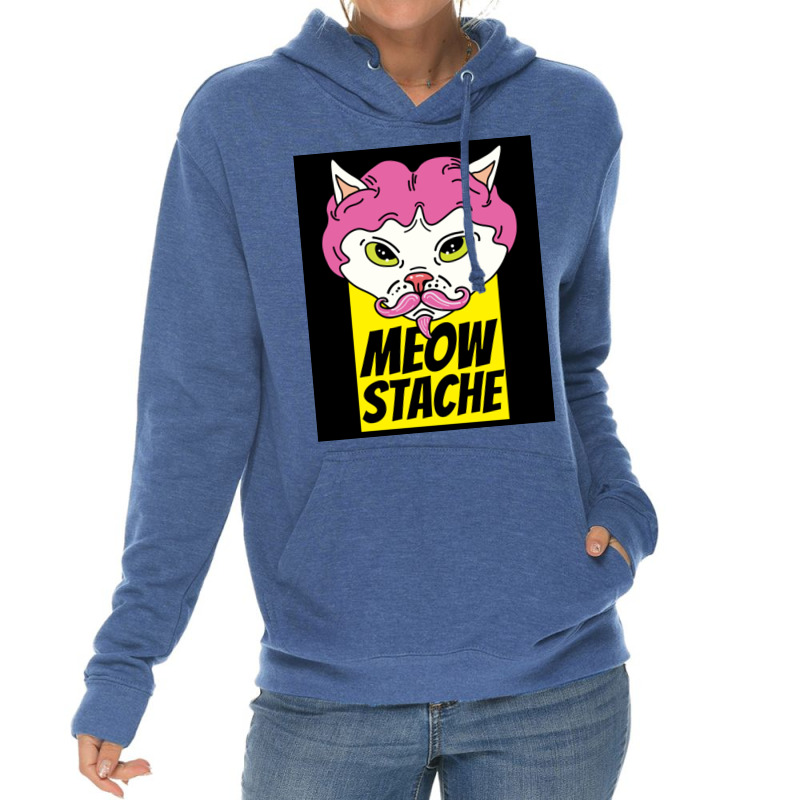 Cat With Wig Moew Stache Poster 80s Lightweight Hoodie | Artistshot