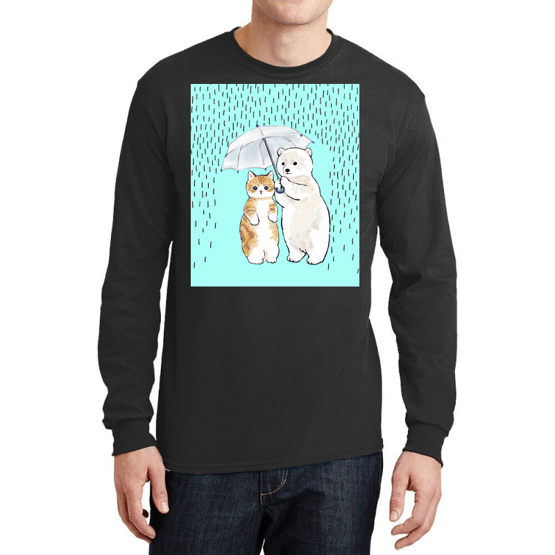 Cute Cat And White Bear In The Rain Poster Girl Long Sleeve Shirts | Artistshot