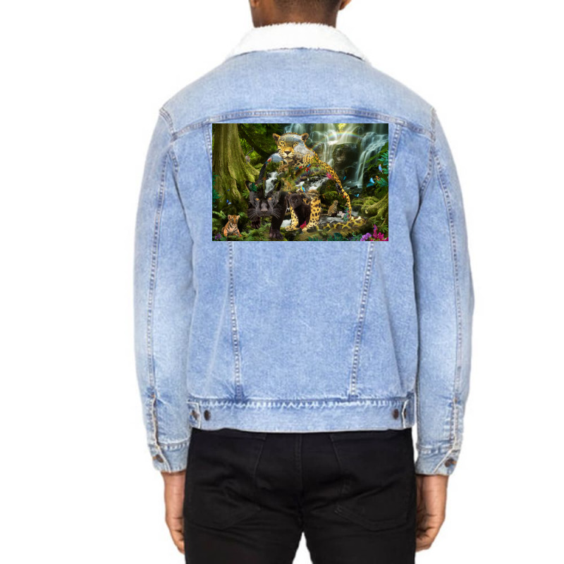 Jaguar Waterfall Jungle Poster Red Unisex Sherpa-lined Denim Jacket | Artistshot