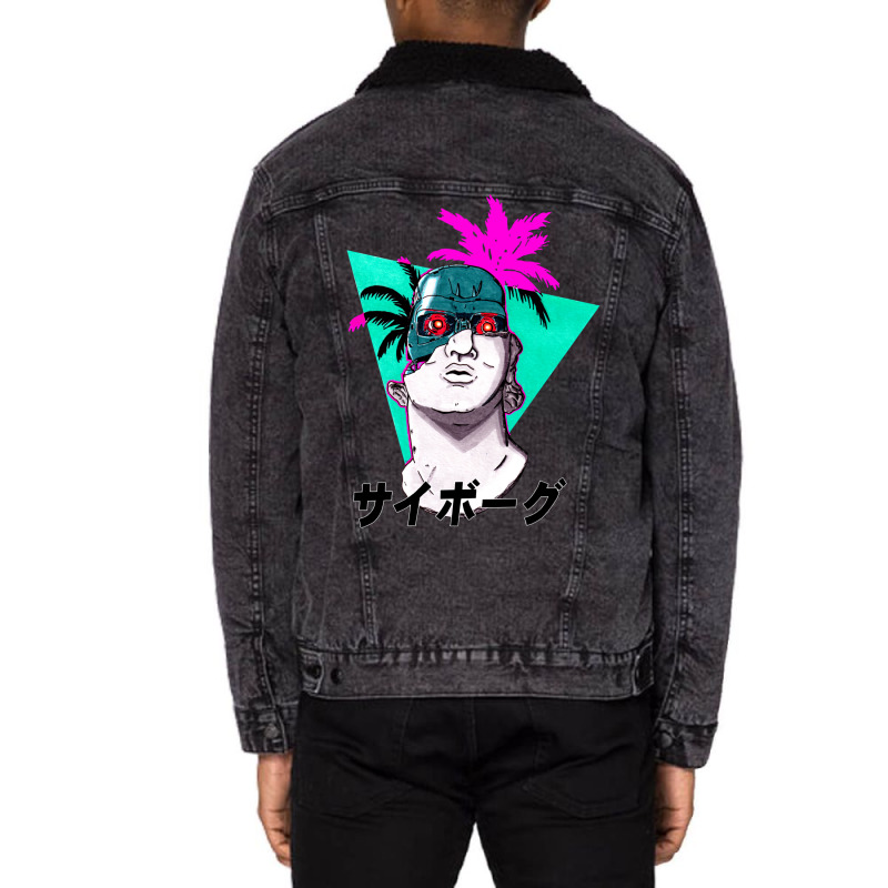 Greek Bust Cyborg Vaporwave Unisex Sherpa-Lined Denim Jacket by camojafurxhiv | Artistshot