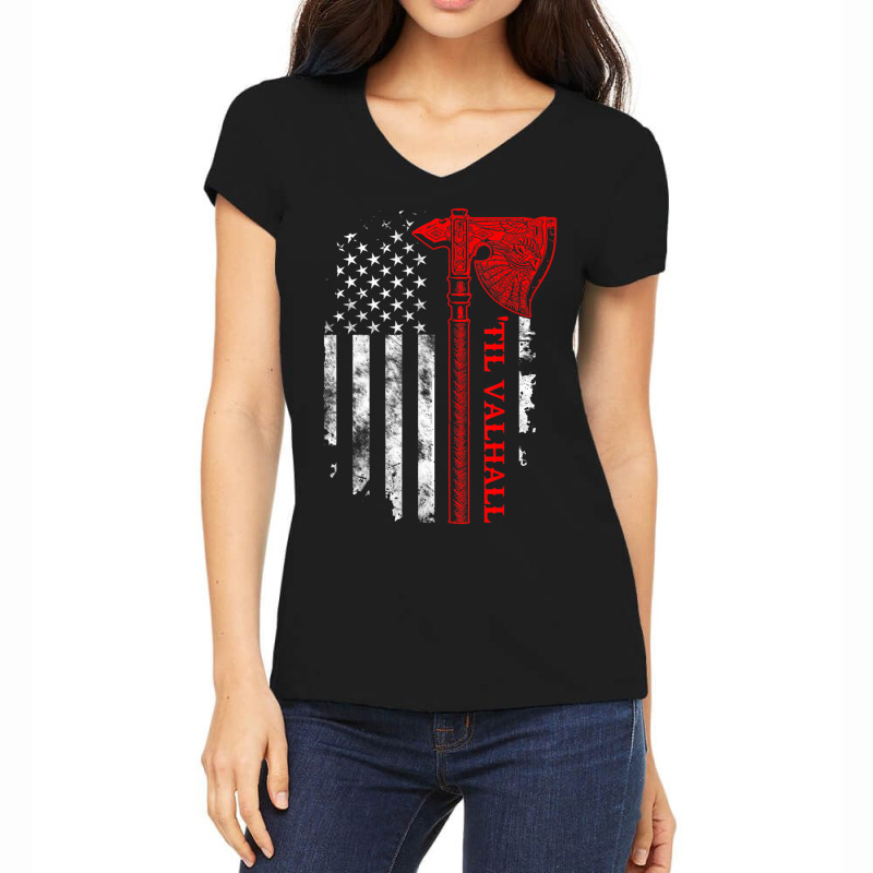 Trending American Viking Axe Flag Women's V-Neck T-Shirt by Sizemore Adame | Artistshot