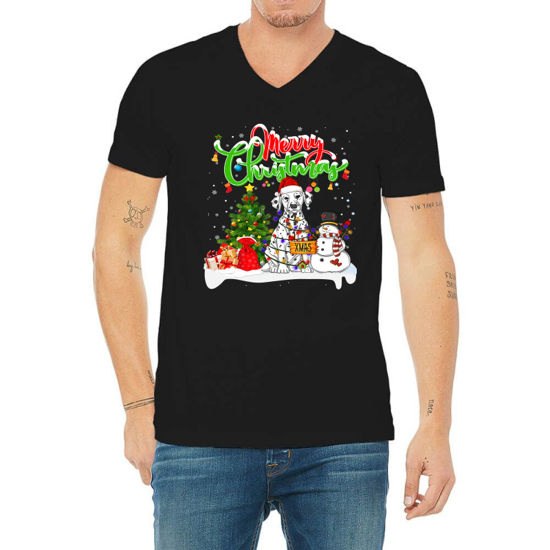 Dalmatian Dog Xmas Lighting Matching Santa Dalmatian Dog Wearing Chris V-Neck Tee by AURRADILLARD | Artistshot