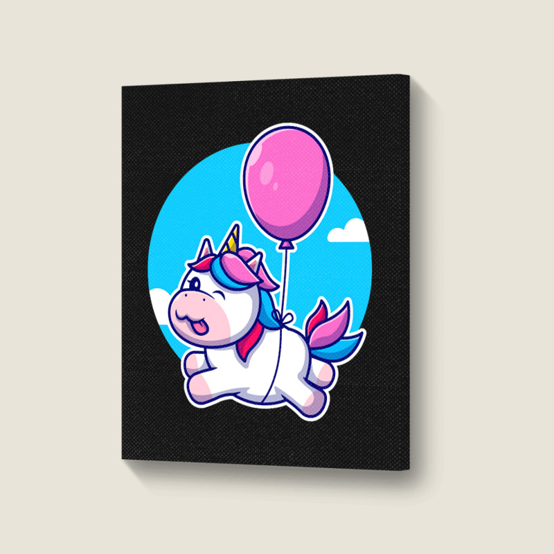 Limited Edition Cute Unicorn Floating With Balloon Cartoon Portrait Canvas Print | Artistshot